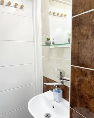 a bathroom with a sink and a mirror at VD City Centre Apartment Belgrade in Belgrade
