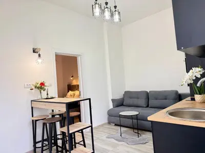 a kitchen and living room with a couch and a table at Natalie's Prestige in Belgrade