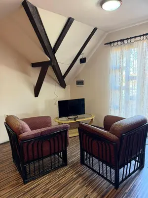 a living room with two chairs and a tv at Pecinci Hostel in Pećinci