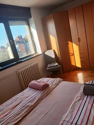 a bedroom with a bed and two windows at Bezanija86 in Belgrade
