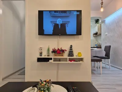 a living room with a flat screen tv on a wall at Vracar Cozy Nook in Belgrade