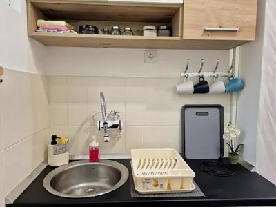a kitchen counter with a sink and a sink at Vracar Cozy Nook in Belgrade