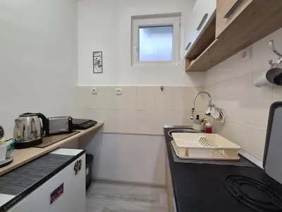 a small kitchen with a sink and a window at Vracar Cozy Nook in Belgrade