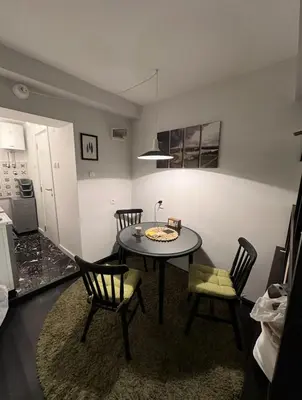 a room with a table and chairs and a kitchen at Comfort Studio in Belgrade