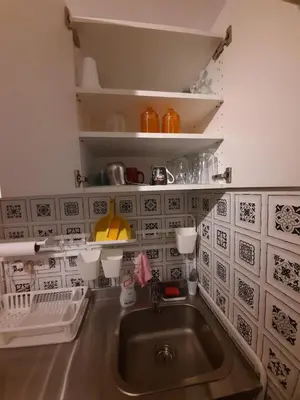 a kitchen with a sink and shelves with dishes at Comfort Studio in Belgrade