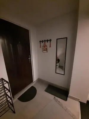 a living room with a door and a mirror at Comfort Studio in Belgrade