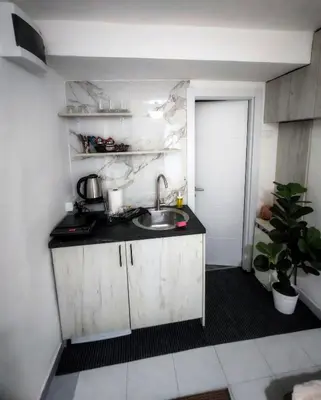 a small kitchen with a sink and a door at Jacuzzi Sauna - Besplatan parking in Belgrade