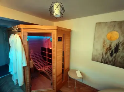 a wooden cabinet with a glass door in a room at Jacuzzi Sauna - Besplatan parking in Belgrade