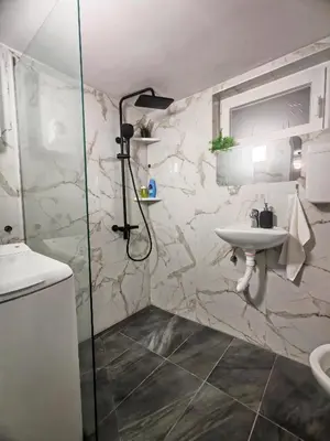 a bathroom with a shower and a sink at Jacuzzi Sauna - Besplatan parking in Belgrade
