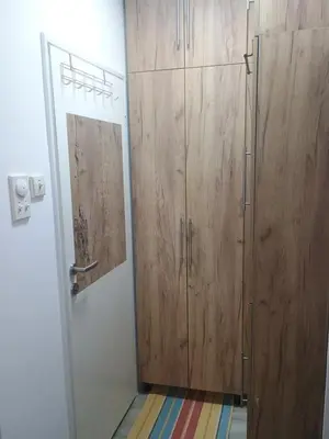 a bathroom with a shower and wooden cabinets at River Sava apartman in Belgrade