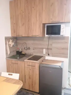 a kitchen with wooden cabinets and a sink and a dishwasher at River Sava apartman in Belgrade
