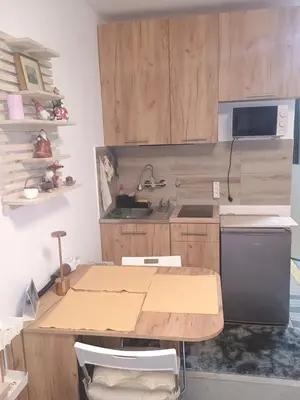 a kitchen with a wooden table and a sink at River Sava apartman in Belgrade