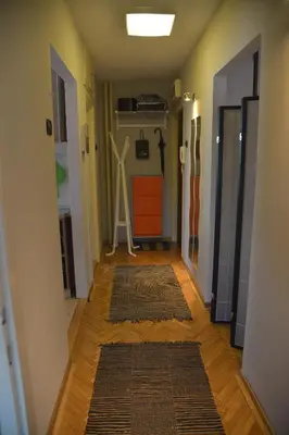 a hallway with a rug on a hard wood floor at Apartment Danica in Belgrade