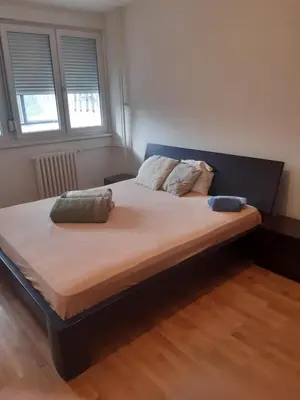 a large bed in a bedroom with two pillows on it at Stan in Belgrade