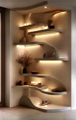 a wall with shelves with vases and lights at Capo Zen