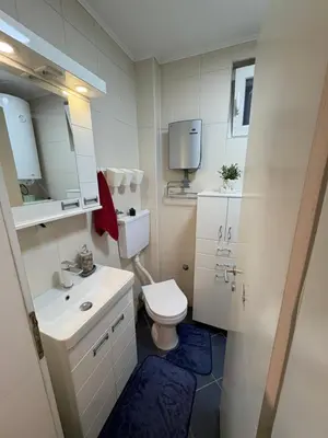 a small bathroom with a toilet and a sink at Apartman 23 in Belgrade