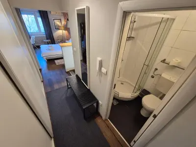 a bathroom with a toilet and a walk in shower at Apartment Madera in Belgrade