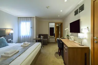 a hotel room with a bed and a desk at Hotel Opera Garni in Belgrade