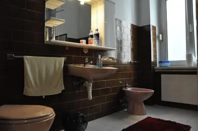 a bathroom with a sink and a toilet and a mirror at Apartment Angie in Belgrade