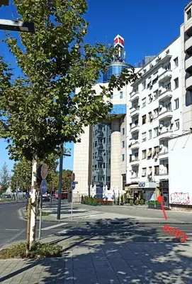 a building with a tree in front of a street at Apartment Alloga in Belgrade
