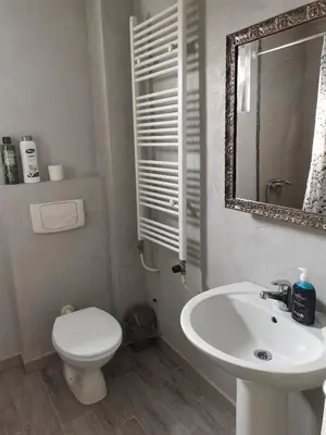 a bathroom with a sink and a toilet and a mirror at Airport Apartments in Belgrade