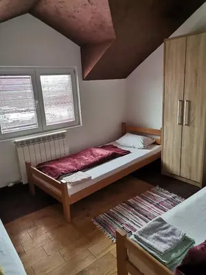 a bedroom with a bed and two windows at Airport Apartments in Belgrade