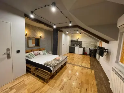 a large room with a bed and a kitchen at Airport Apartments in Belgrade