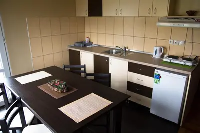 a small kitchen with a table and a sink at Airport Apartments in Belgrade