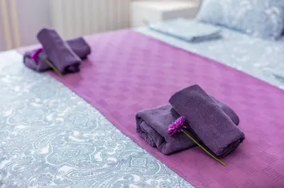 a pair of purple towels sitting on top of a bed at Apartment Gloria in Belgrade
