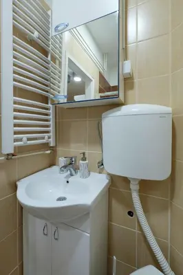 a bathroom with a sink and a mirror and a toilet at M&M Downtown Apartment in Belgrade