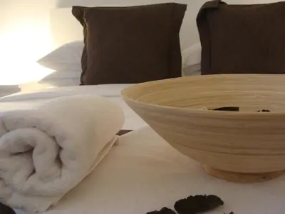 a bowl of towels sitting on top of a bed at Apartment Centro in Belgrade