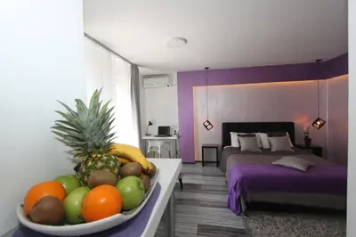 a room with a bowl of fruit on a counter at New Belgrade Apartment ARENA in Belgrade