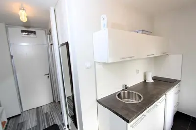 a small kitchen with a sink and a refrigerator at New Belgrade Apartment ARENA in Belgrade