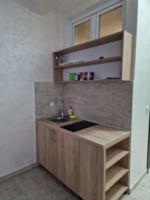 a kitchen with a sink and a counter at Rooms Green Set in Belgrade