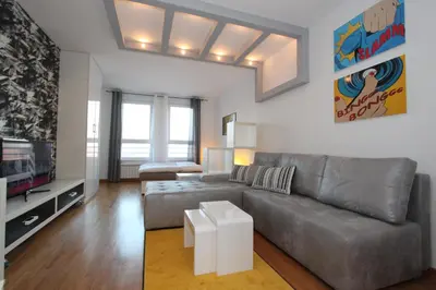 a living room with a couch and a tv at New Belgrade apartment Neven, parking 5 evra dan in Belgrade