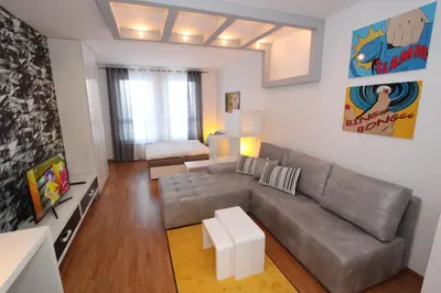 a living room with a couch and a table at New Belgrade apartment Neven, parking 5 evra dan in Belgrade
