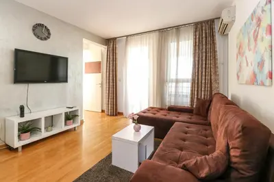 a living room with a brown couch and a flat screen tv at New Belgrade Apartment Lavina, parking 5 evra dan in Belgrade