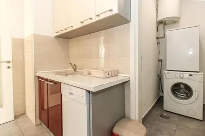 a small kitchen with a sink and a washing machine at New Belgrade Apartment Lavina, parking 5 evra dan in Belgrade