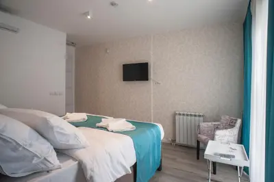a bedroom with a bed and a tv on a wall at Apartments Villa Savamala in Belgrade