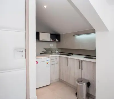 a kitchen with white cabinets and a white refrigerator at Apartments Villa Savamala in Belgrade