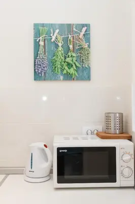 a kitchen counter with a microwave and a picture on the wall at City Break Apartments Klishe Zen in Belgrade
