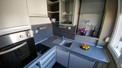 a kitchen with a sink and a bowl of fruit on a counter at Balkan-inn Studio Centar apartment in Belgrade