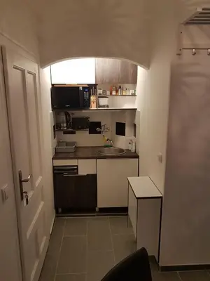 a small kitchen with a sink and a counter at Balkan-inn Parlament Lux apartment in Belgrade