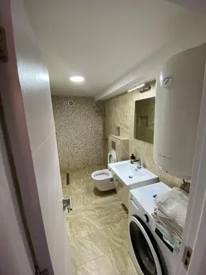a bathroom with a toilet and a sink and a washing machine at Baron Apartment in Belgrade