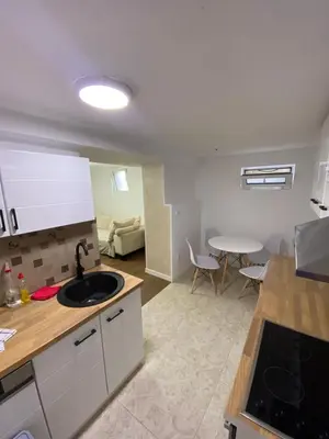 a kitchen and living room with a sink and a table at Baron Apartment in Belgrade