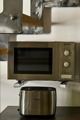 a microwave oven sitting on top of a counter at Green and Blue Garden Apartments in Belgrade