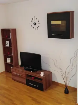 a living room with a tv and a clock on the wall at Apartment Tifani Belville in Belgrade
