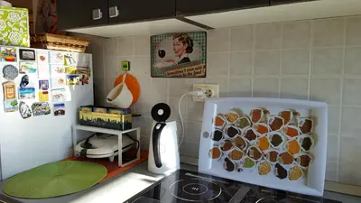 a kitchen with a stove and a refrigerator with food at Apartment Greenfield in Belgrade