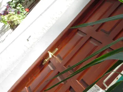 a wooden door with a gold door knocker on it at Studio Kalenic in Belgrade