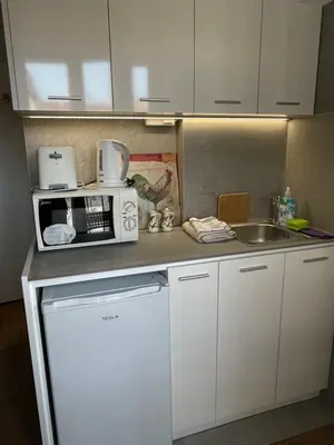 a small kitchen with a microwave and a sink at Slavija Square Apartments in Belgrade